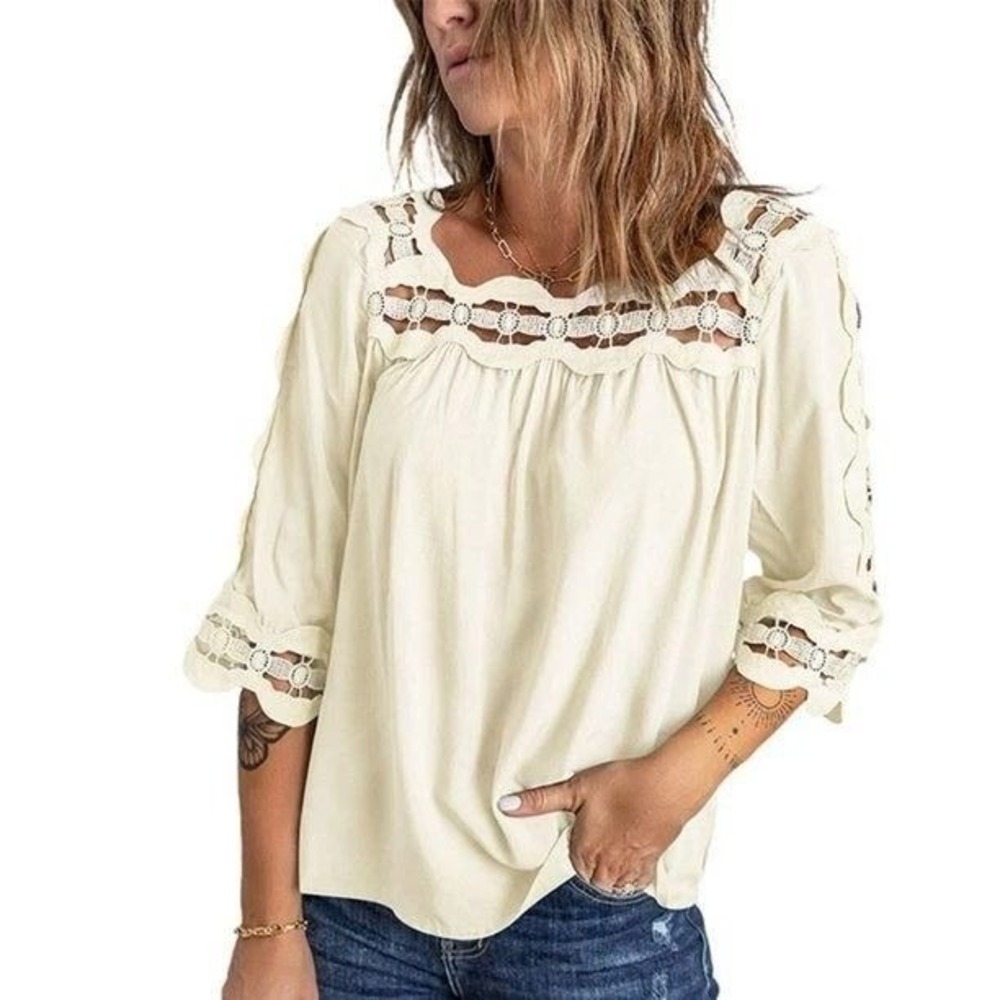 Women Summer Half Sleeve Pullover Lace Casual Solid Beige Blouse Tops L